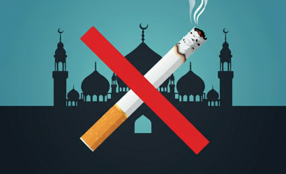 Smoking prohibition in Islam symbol with mosque silhouette