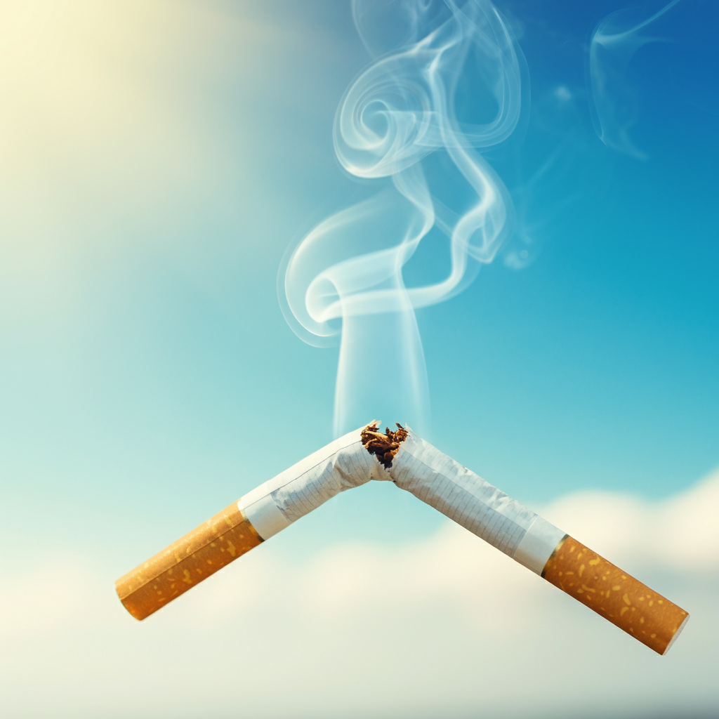 A broken cigarette with smoke fading into a clear blue sky, symbolizing how to quit smoking and achieve freedom.