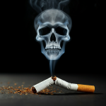 Broken cigarette with skull-shaped smoke illustrating the dangers of smoking.