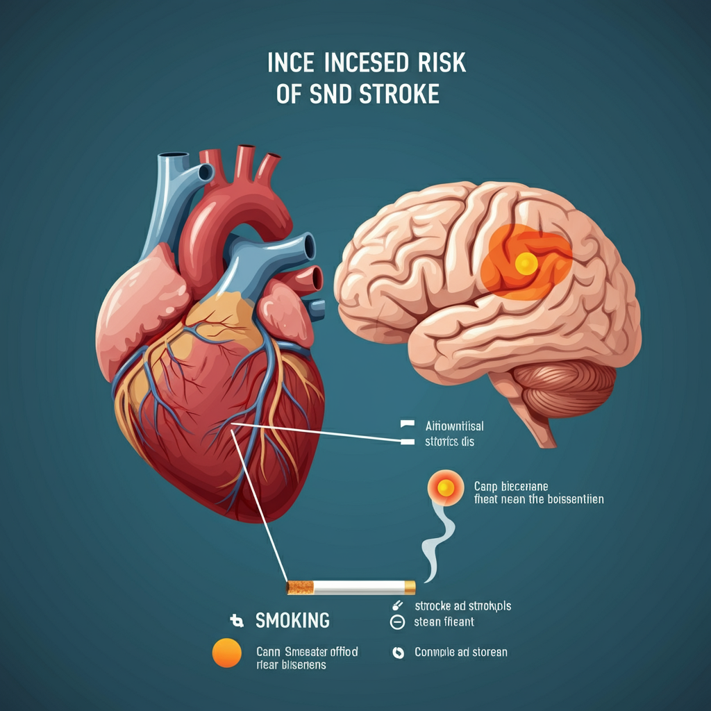 Infographic showing the dangers of smoking with visual elements of a heart with blocked arteries and a brain highlighting stroke risks.