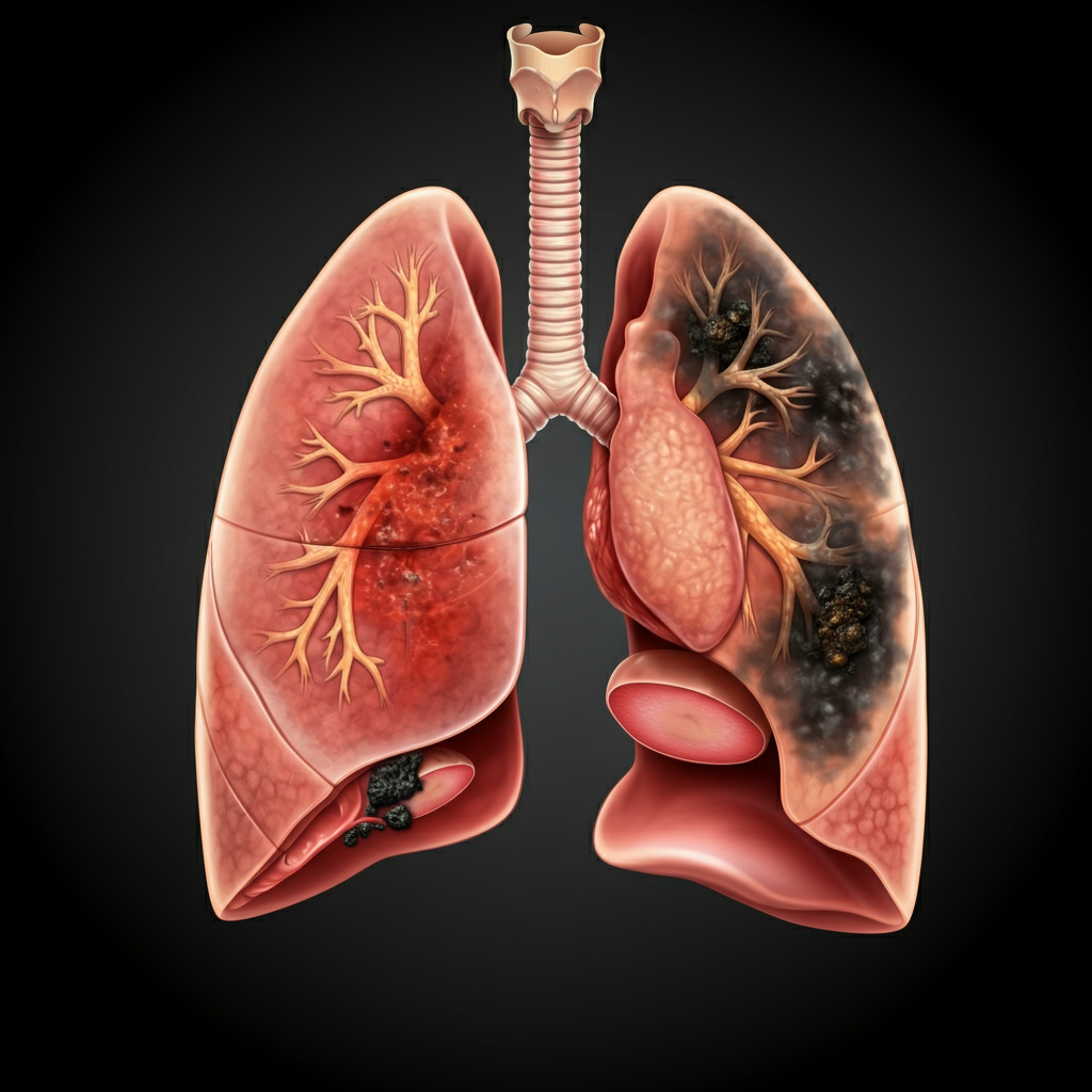 Illustration showing the dangers of smoking with a comparison of healthy and damaged lung tissue.