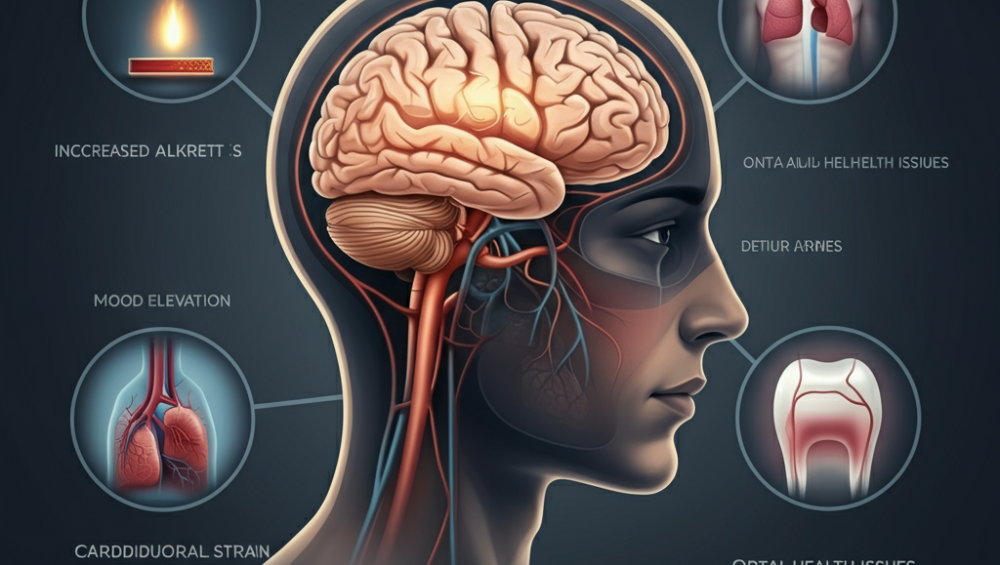 Diagram showing the effects of nicotine pouches on the brain and body, highlighting alertness, mood elevation, cardiovascular strain, and oral health risks.