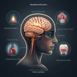 Diagram showing the effects of nicotine pouches on the brain and body, highlighting alertness, mood elevation, cardiovascular strain, and oral health risks.