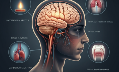 Diagram showing the effects of nicotine pouches on the brain and body, highlighting alertness, mood elevation, cardiovascular strain, and oral health risks.