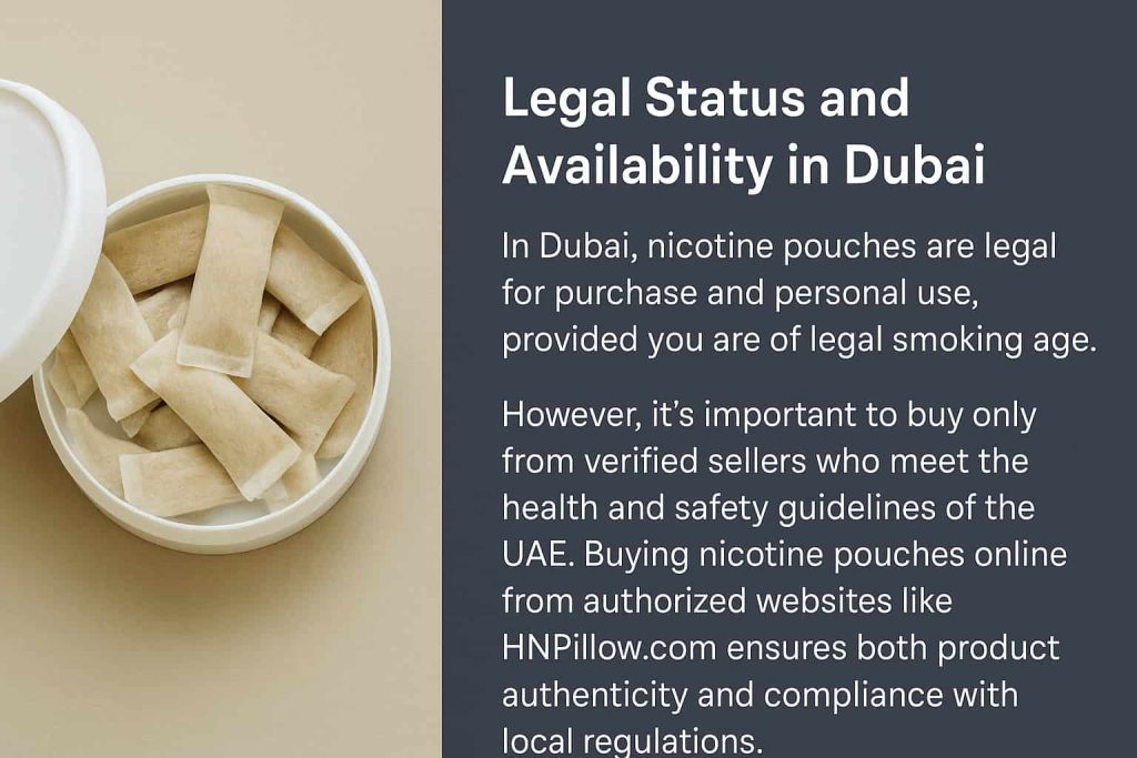 Open can of nicotine pouches with text explaining legal status in Dubai.