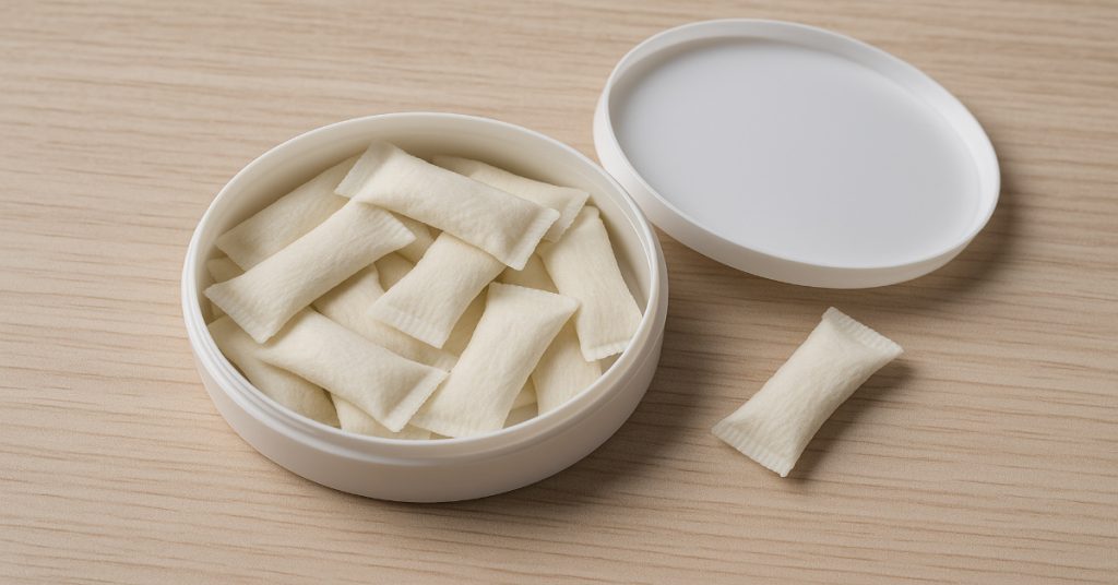 Open container of white nicotine pouches on a light wooden surface.