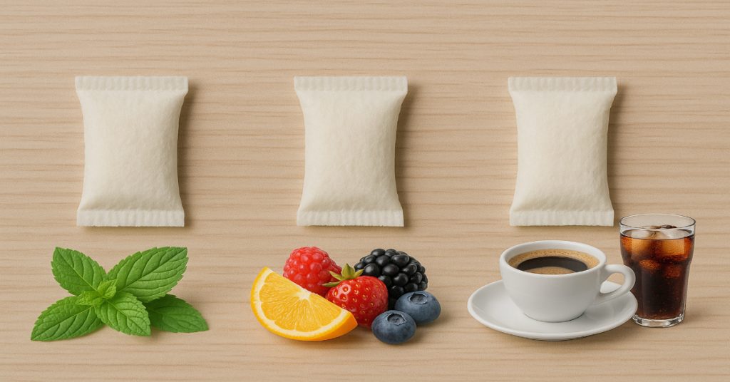 Nicotine pouches with mint, citrus, berry, coffee, and cola flavor elements.