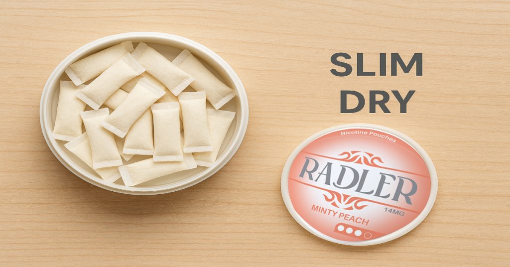 Open container of slim, dry nicotine pouches on a wooden surface.