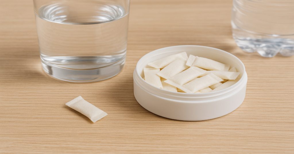Nicotine pouch container with a glass and bottle of water on a wooden surface.