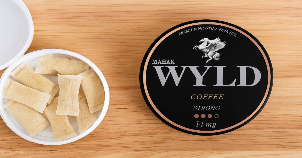 WYLD Coffee nicotine pouch tin next to open container of pouches on wooden surface.
