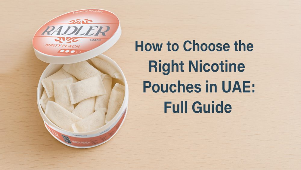 Open can of Radler minty peach nicotine pouches with guide text