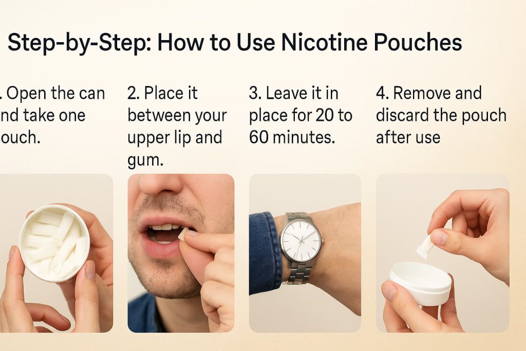 Step-by-step guide showing how to use nicotine pouches with visuals.
