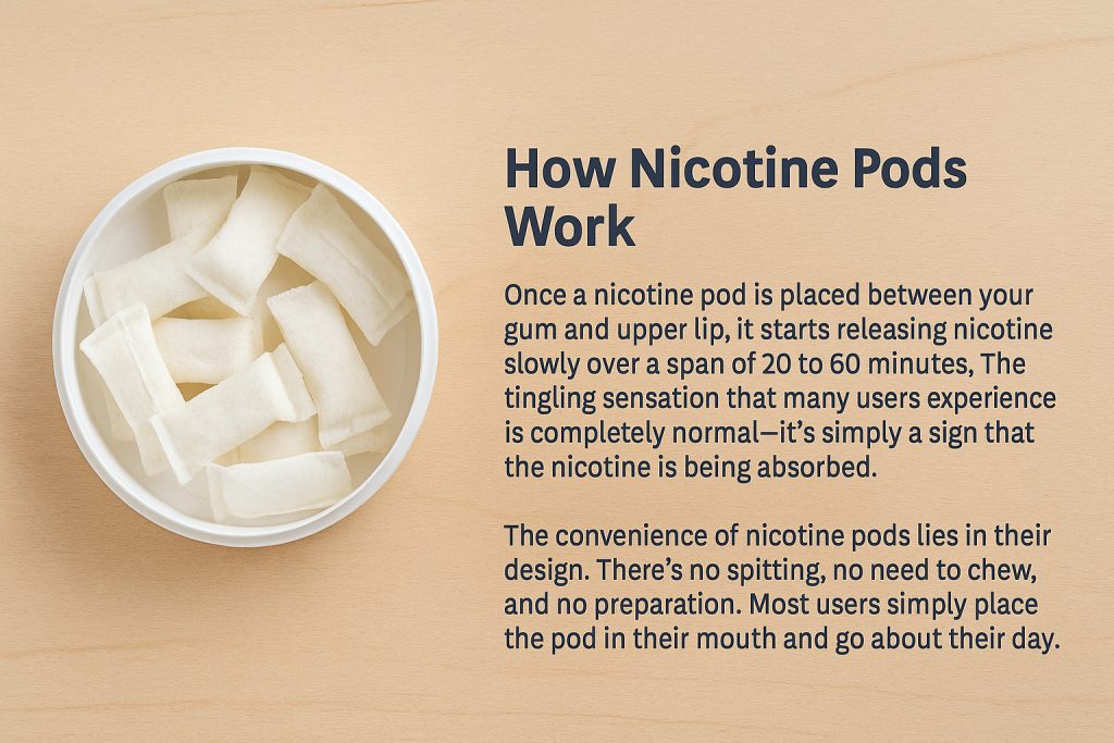 Nicotine pods in a container with usage instructions beside.