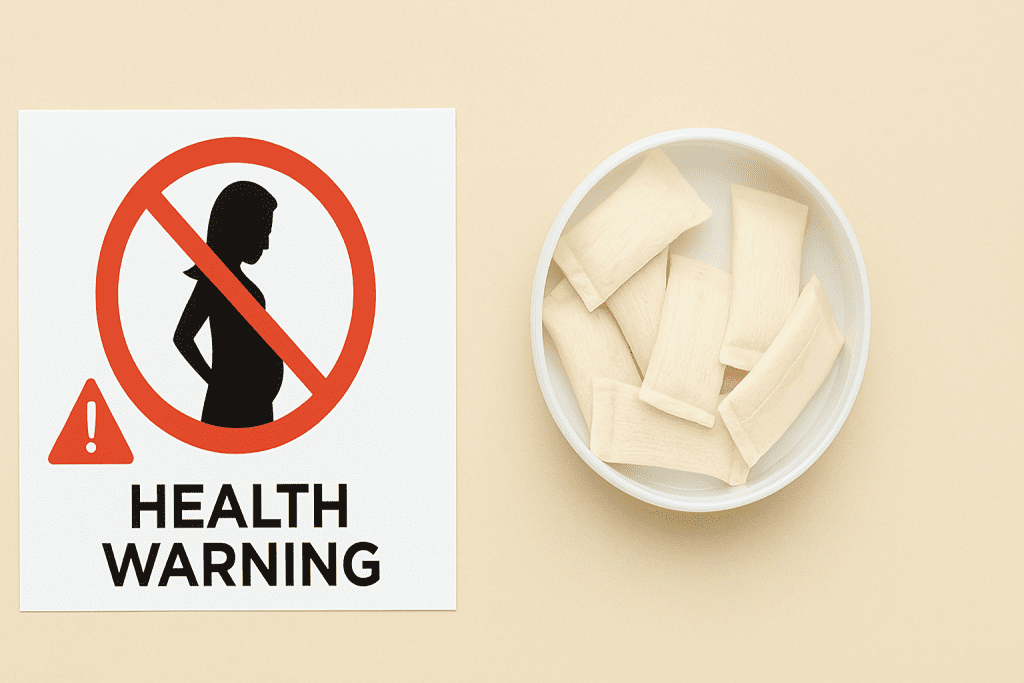Health warning sign next to nicotine pouches on beige background