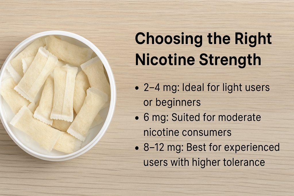 Nicotine pods in a container with strength guide beside.