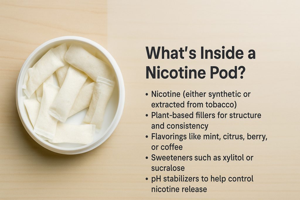 Nicotine pods in a container with ingredient list beside.