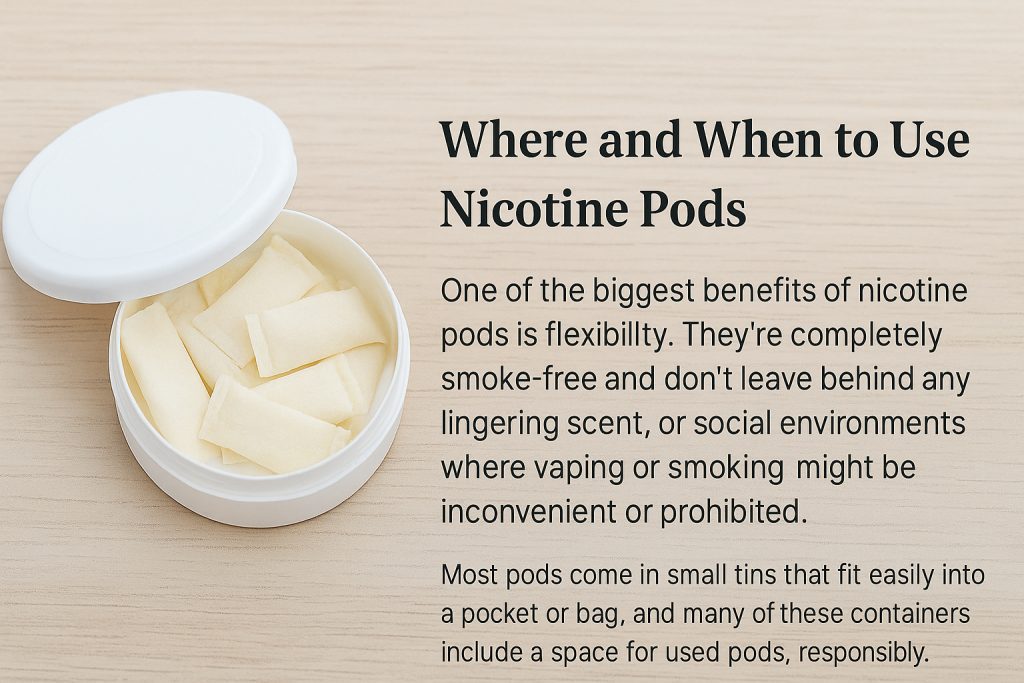 Open container of nicotine pods with usage guidance beside.
