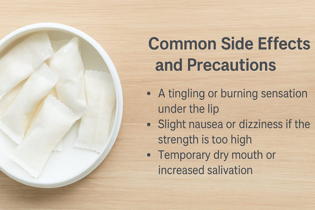 Nicotine pods in a container with listed side effects beside.