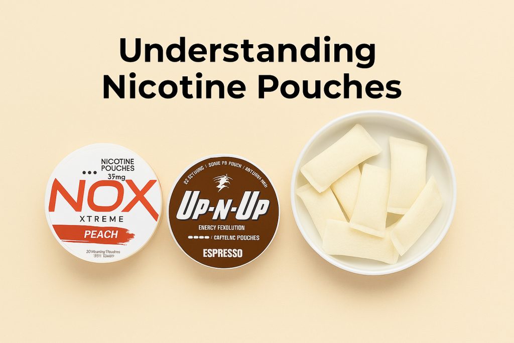Nicotine pouches with NOX and Up-N-Up cans on beige background