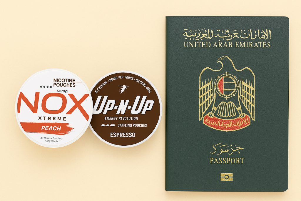 Nicotine pouches with UAE passport on beige background