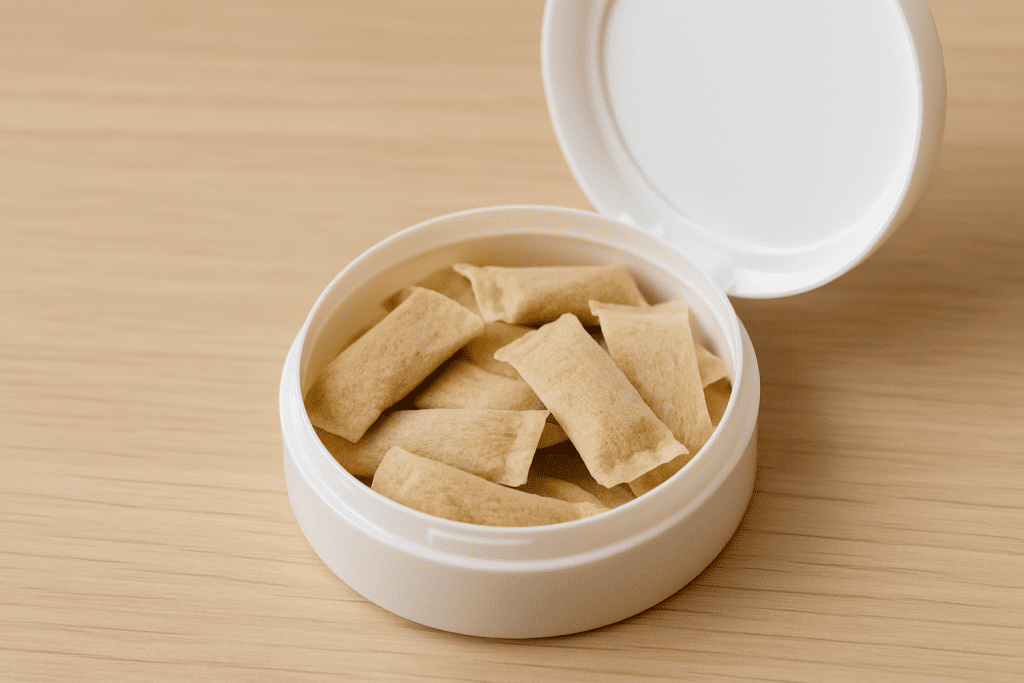 Open container filled with caffeine pouches on a wooden surface