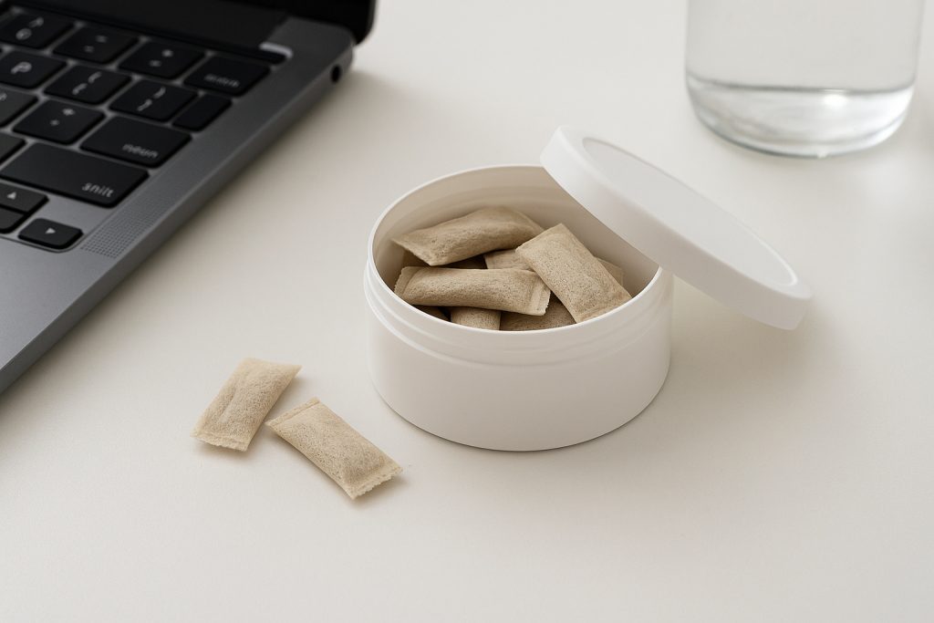 Open container of caffeine pouches beside laptop and water bottle