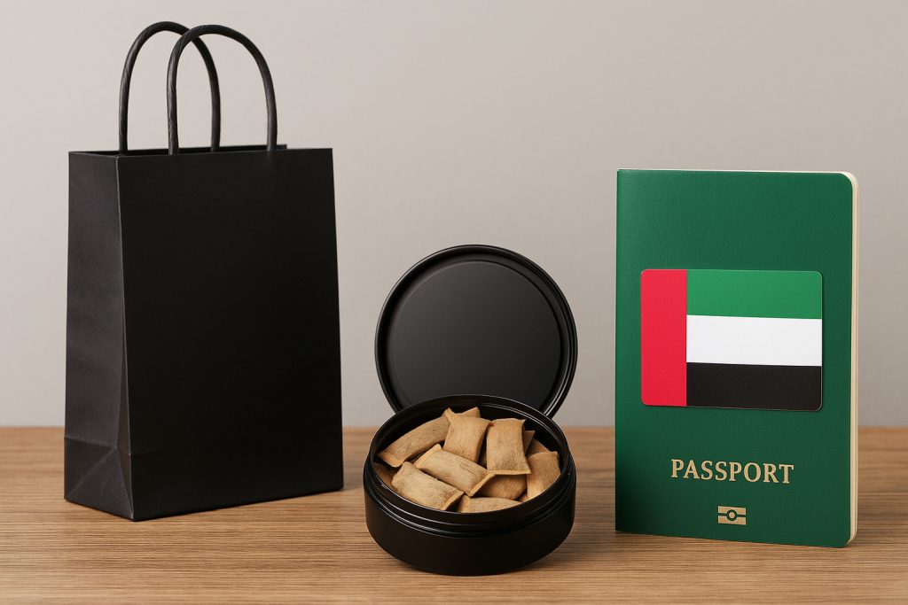 Caffeine pouches tin with UAE passport and shopping bag