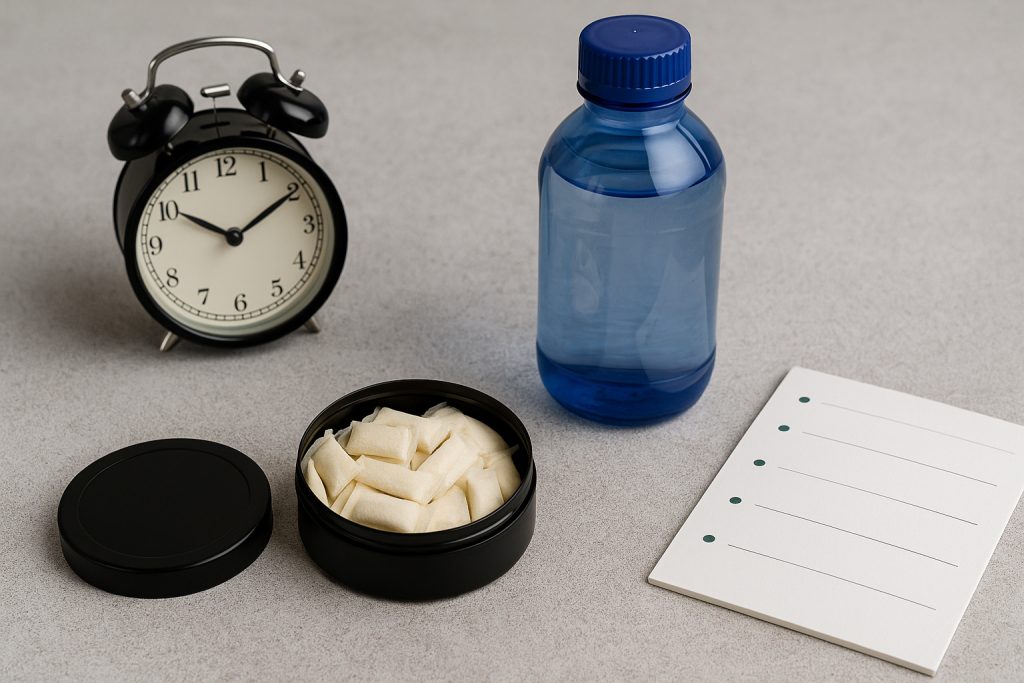 Caffeine pouches tin with water bottle, clock, and checklist