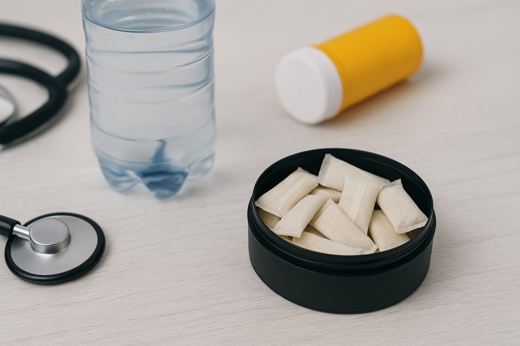 Caffeine pouches in black container with water bottle and stethoscope