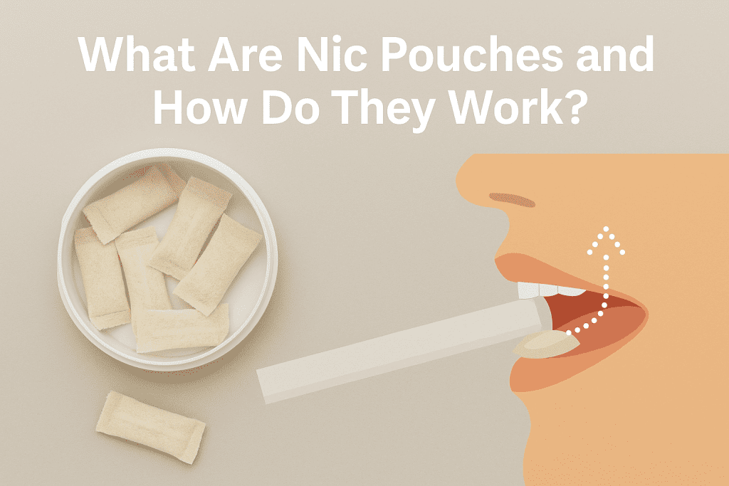 Illustration showing nic pouches in a container and how they are placed in the mouth for nicotine absorption