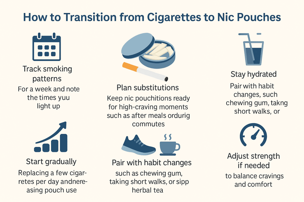 Landscape infographic showing six steps to transition from cigarettes to nic pouches