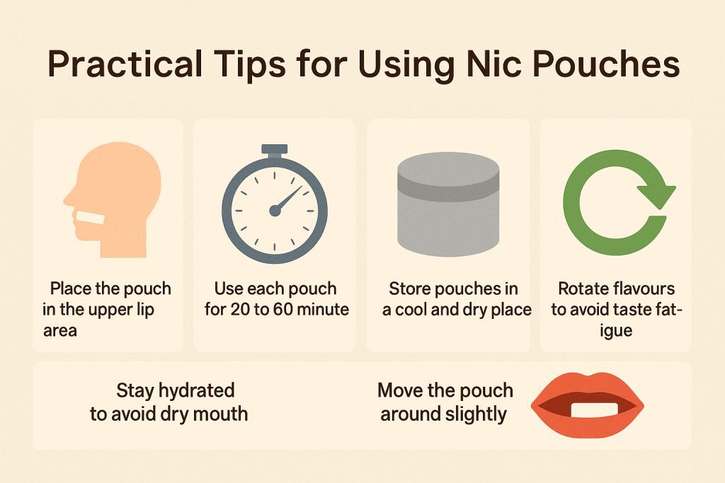 Landscape infographic showing five practical tips for using nic pouches