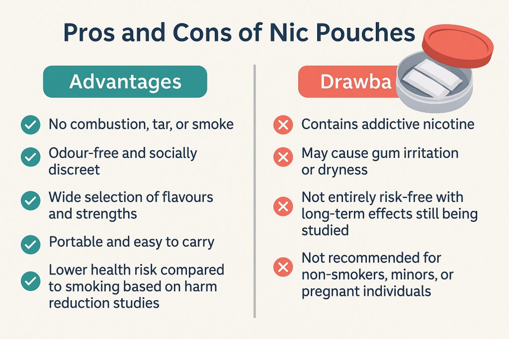 Landscape infographic showing advantages and drawbacks of nic pouches