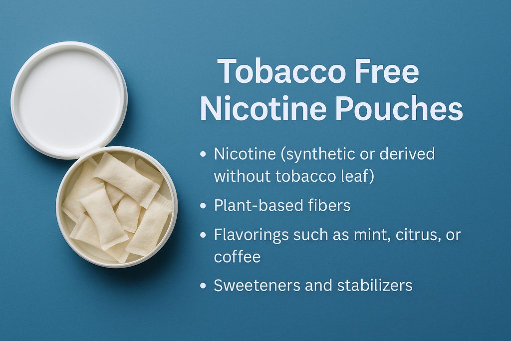 Open container of tobacco free nicotine pouches with ingredients list