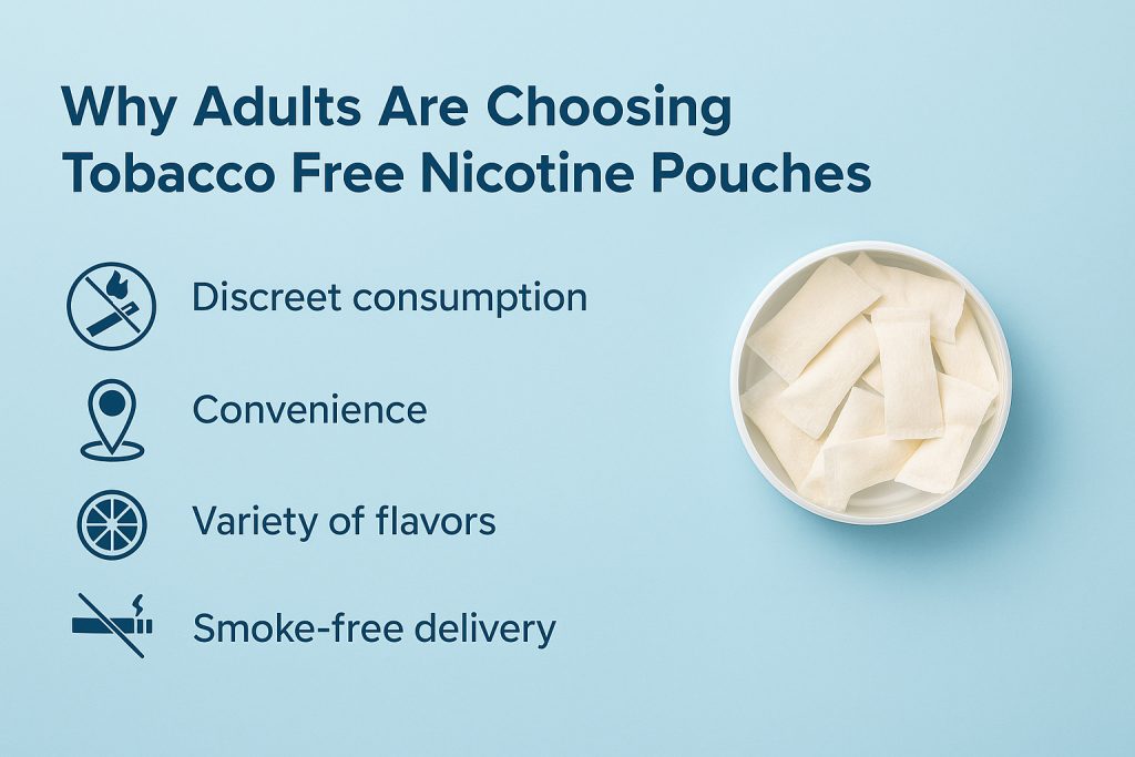 Reasons adults choose tobacco free nicotine pouches with icons and container