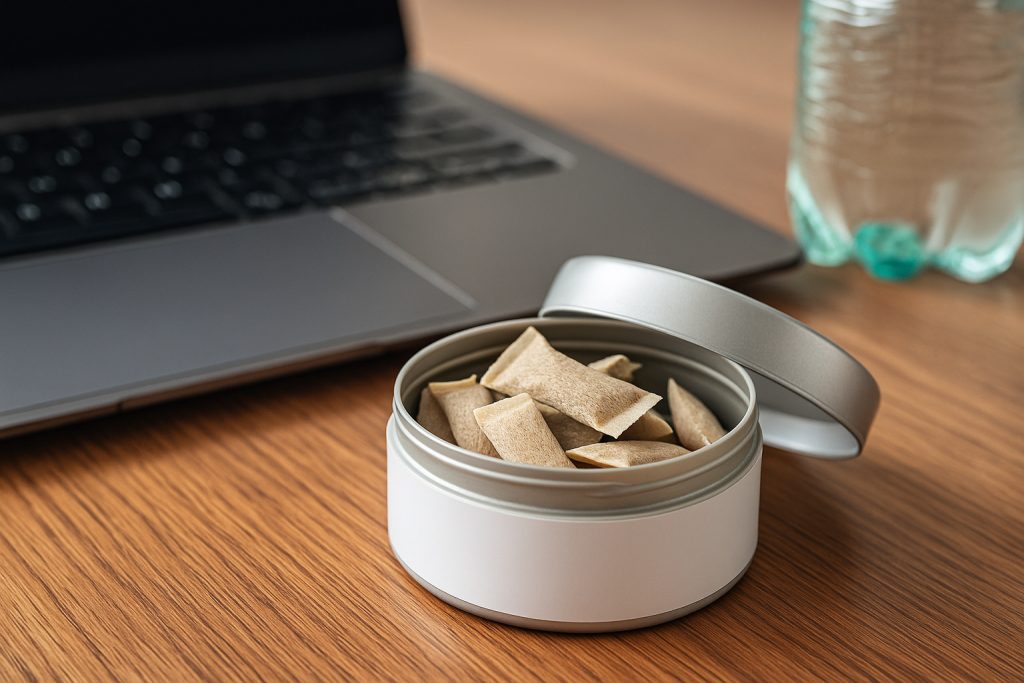 Caffeine pouches tin beside laptop and water bottle