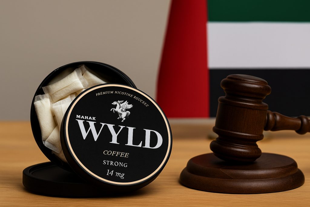 Nicotine pouches for sale in UAE with WYLD Coffee can beside gavel and UAE flag.