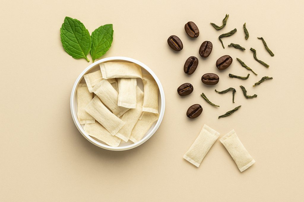 container of nicotine free pouches with mint leaves, coffee beans, and tea leaves on beige background