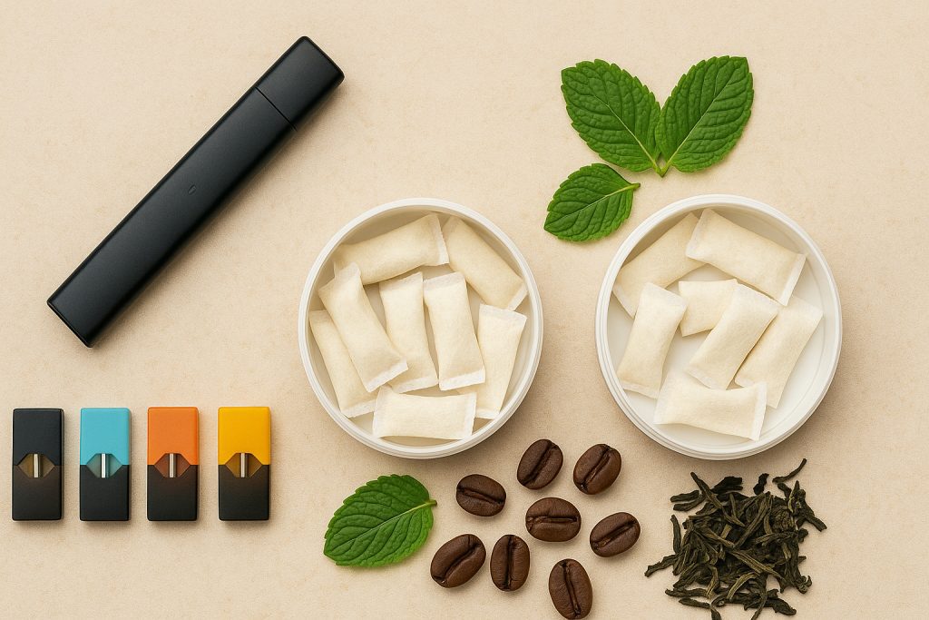 nicotine pods, nic pouches, and nicotine free pouches with mint, coffee beans, and tea leaves on beige background