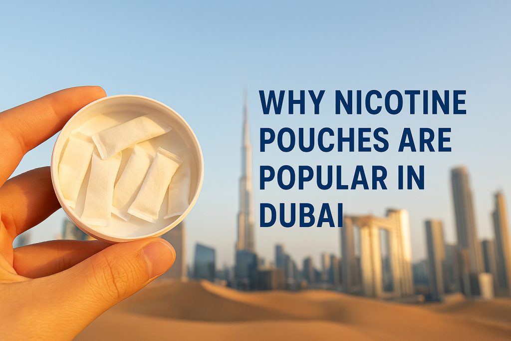 Nicotine pouches for sale in Dubai held against city skyline.