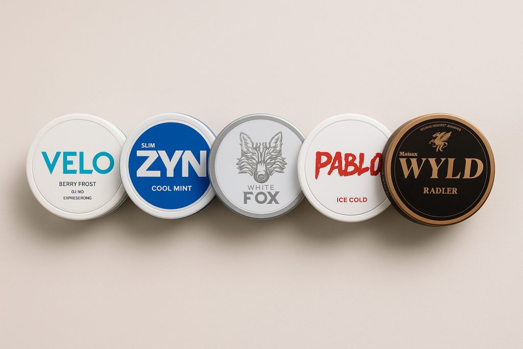 Popular nicotine pouches for sale in Dubai featuring VELO, ZYN, White Fox, Pablo, and WYLD Radler cans.
