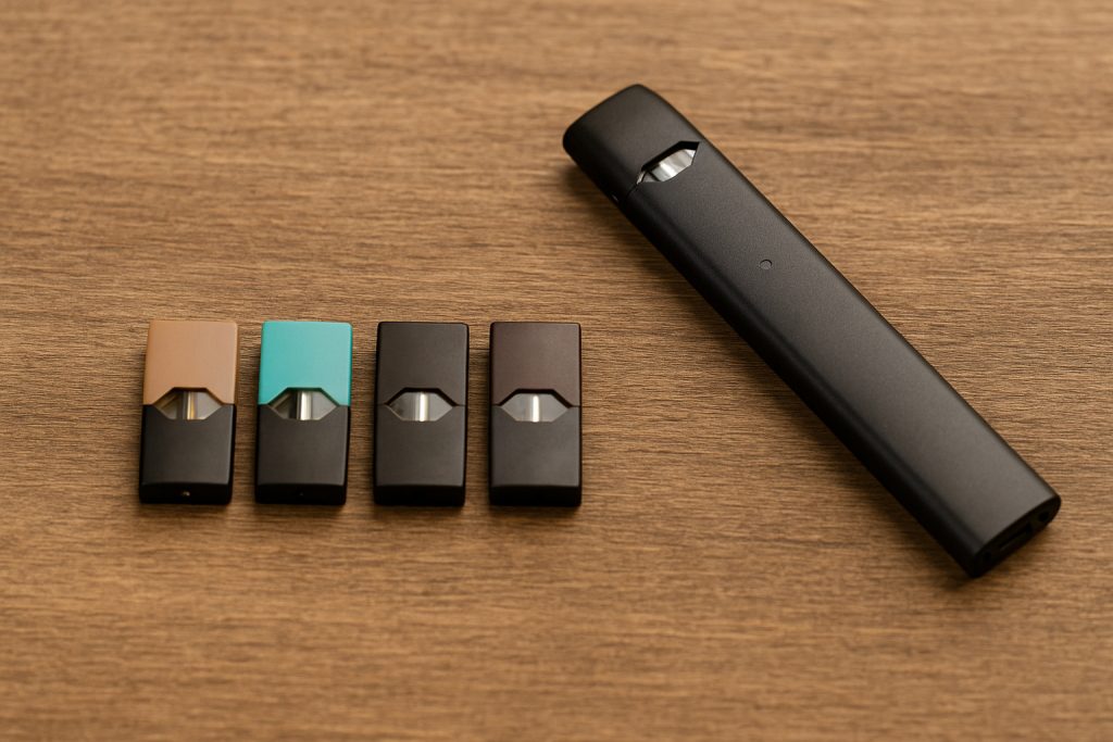 black vape device with four colorful nicotine pods on wooden surface