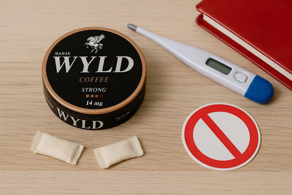 WYLD nicotine pouches with thermometer and safety warning symbol on table.