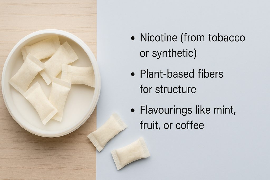 Nicotine pouches with ingredients list showing fibers, flavourings, and nicotine.