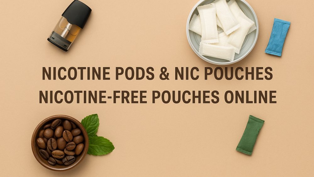 Nicotine pods, nic pouches and nicotine free pouches displayed with coffee beans and herbal accents on a neutral background