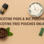 Nicotine pods, nic pouches and nicotine free pouches displayed with coffee beans and herbal accents on a neutral background