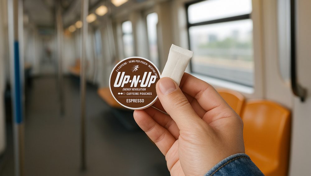 Hand holding Up N Up espresso caffeine pouch inside a train