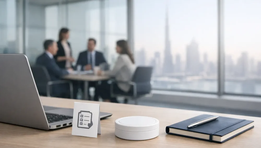 nicotine pouch can on office desk in Dubai meeting room setting with no smoke visible
