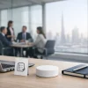 nicotine pouch can on office desk in Dubai meeting room setting with no smoke visible