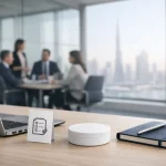 nicotine pouch can on office desk in Dubai meeting room setting with no smoke visible